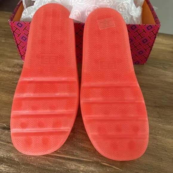 $188 Tory Burch BUBBLE Fluorescent Pink JELLY Slides Sandals Sz 9 NIB no Cover