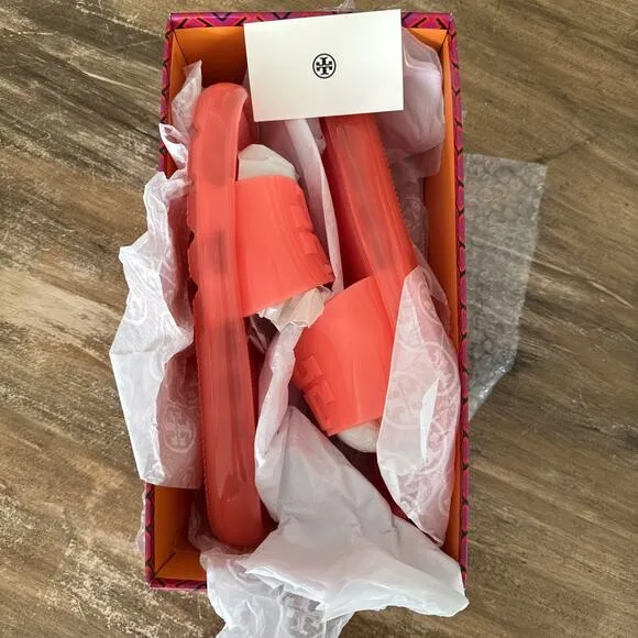 $188 Tory Burch BUBBLE Fluorescent Pink JELLY Slides Sandals Sz 9 NIB no Cover