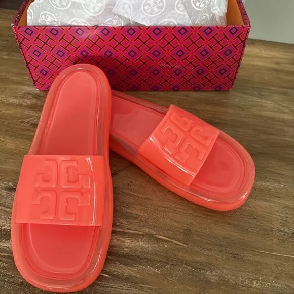 $188 Tory Burch BUBBLE Fluorescent Pink JELLY Slides Sandals Sz 9 NIB no Cover