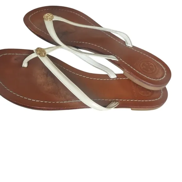 7.5 Tory Burch off white Leather Thin Flip Flops Sandals Size 7.5