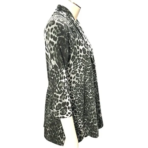 AB Studio Leopard Print Cardigan Black Gray Medium Lightweight Knit Open Front