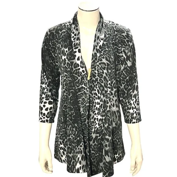 AB Studio Leopard Print Cardigan Black Gray Medium Lightweight Knit Open Front