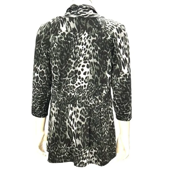 AB Studio Leopard Print Cardigan Black Gray Medium Lightweight Knit Open Front