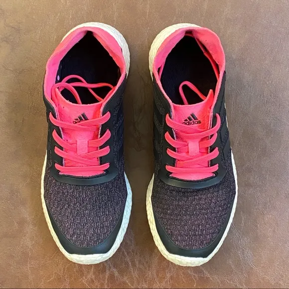 Adidas solar pink black knit pureboost reveal lace up athletic shoes