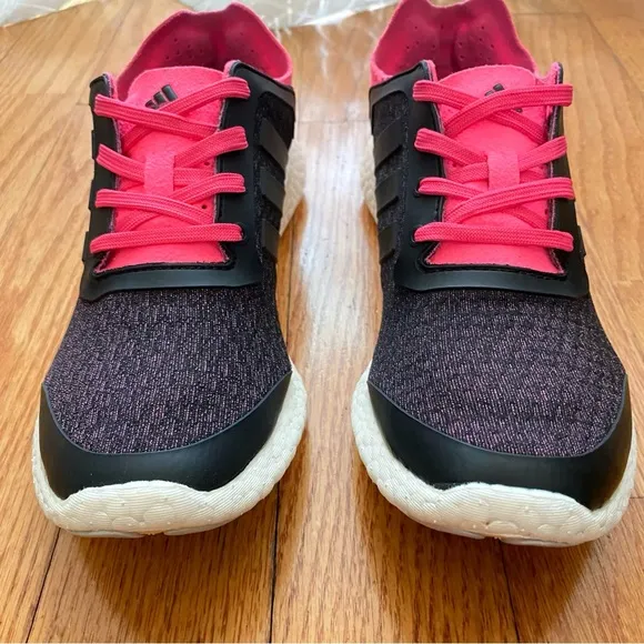 Adidas solar pink black knit pureboost reveal lace up athletic shoes