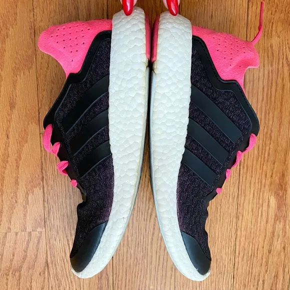 Adidas solar pink black knit pureboost reveal lace up athletic shoes
