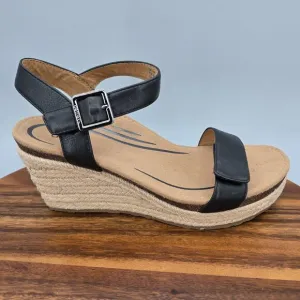 Aetrex Sandals Women's 9 Black Leather Buckle Strap Comfort Wedge Espadrille