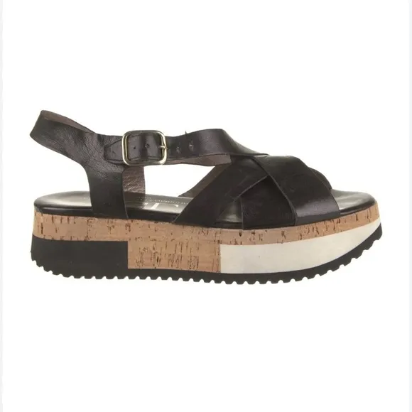 AGL Leather Black Slingback Cork/Foam Platform Wedge Buckle Sandals size 41