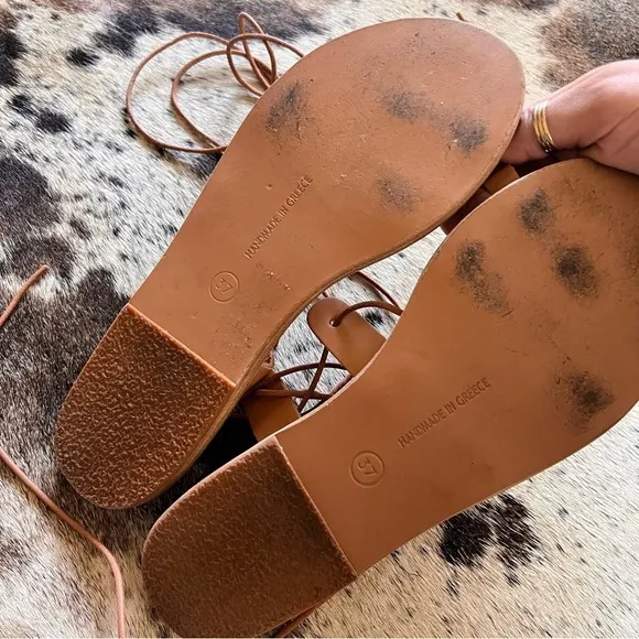 ANCIENT GREEK SANDALS Tan Lace Up Gladiator Sandals Boho‎ Size 37