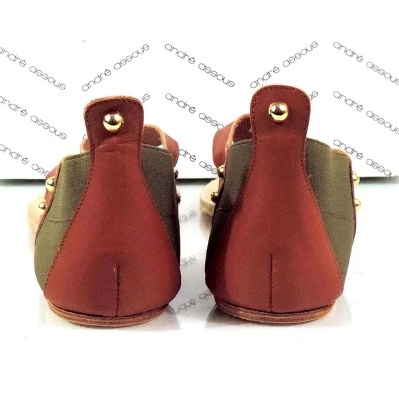Andre Assous Tresor T- Strap Flat Thong Sandals Leather Green / Cognac Size 10