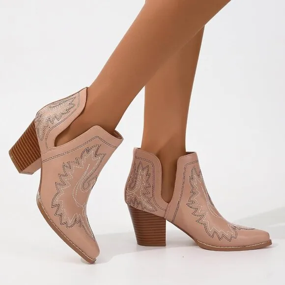 Ankle Western Embroidered Stitched Pointed Toe Cutout Chunky Heels for women