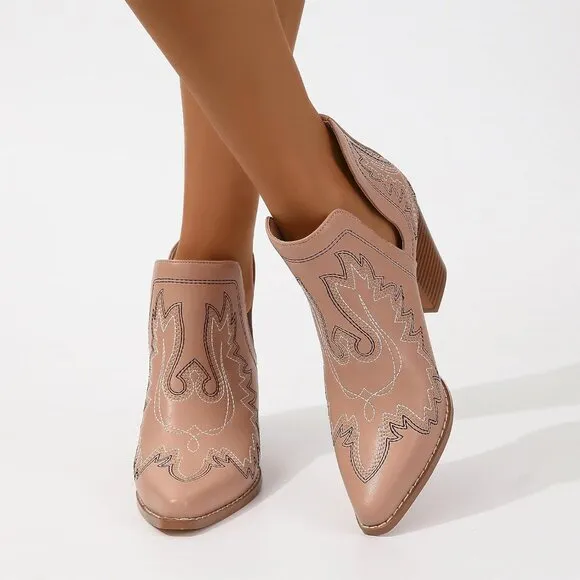 Ankle Western Embroidered Stitched Pointed Toe Cutout Chunky Heels for women