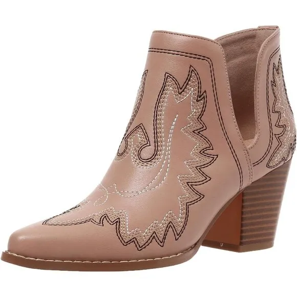 Ankle Western Embroidered Stitched Pointed Toe Cutout Chunky Heels for women