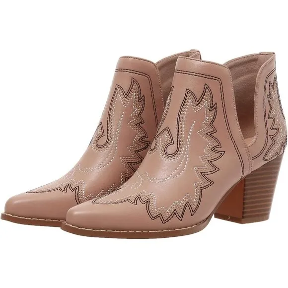 Ankle Western Embroidered Stitched Pointed Toe Cutout Chunky Heels for women