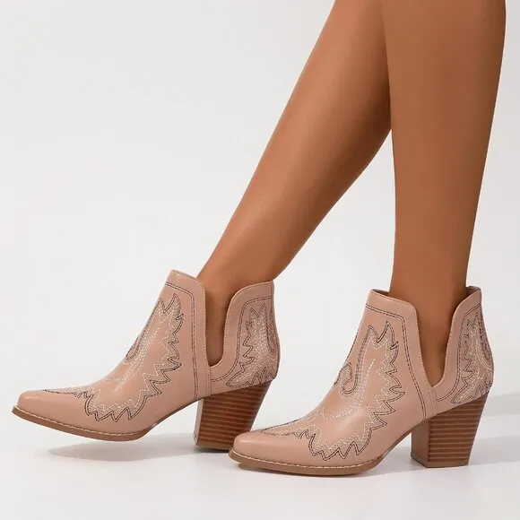 Ankle Western Embroidered Stitched Pointed Toe Cutout Chunky Heels for women