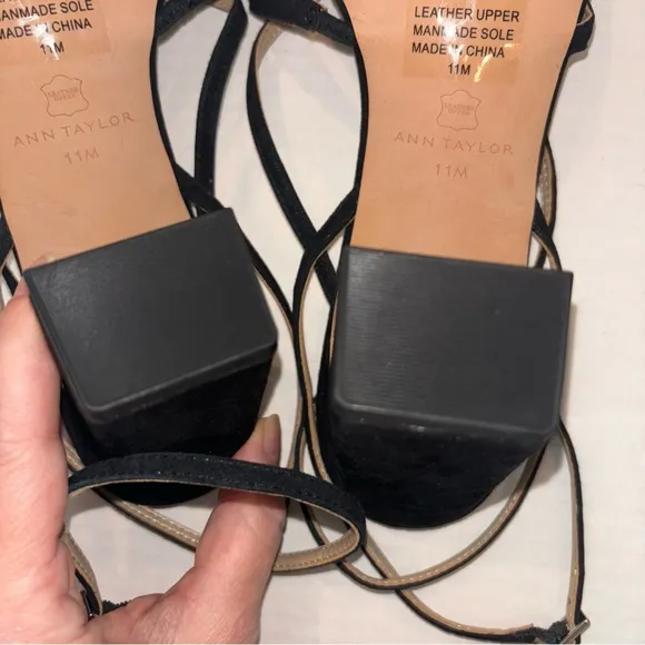 Ann Taylor Rue Black Suede Leather Petal strap block heel sandals size 11‎ NEW