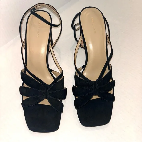 Ann Taylor Rue Black Suede Leather Petal strap block heel sandals size 11‎ NEW