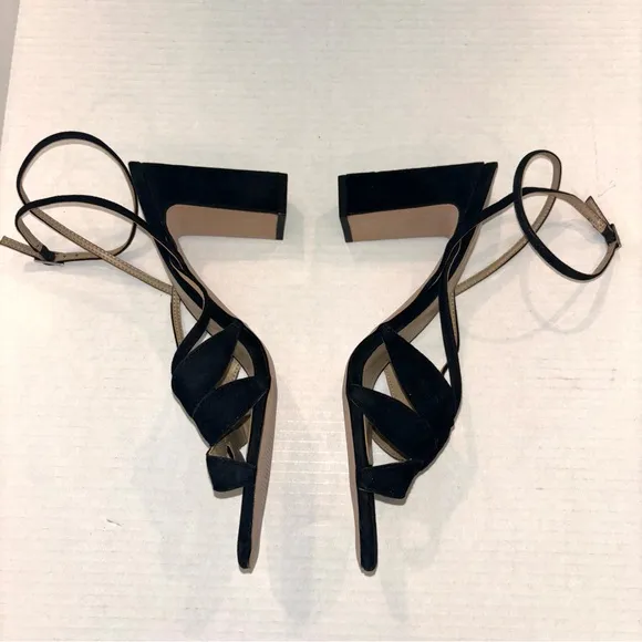 Ann Taylor Rue Black Suede Leather Petal strap block heel sandals size 11‎ NEW