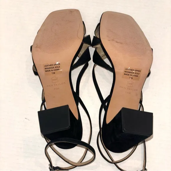 Ann Taylor Rue Black Suede Leather Petal strap block heel sandals size 11‎ NEW