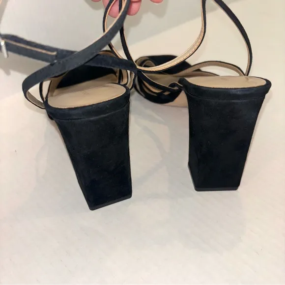 Ann Taylor Rue Black Suede Leather Petal strap block heel sandals size 11‎ NEW