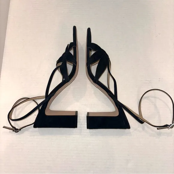 Ann Taylor Rue Black Suede Leather Petal strap block heel sandals size 11‎ NEW