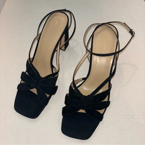 Ann Taylor Rue Black Suede Leather Petal strap block heel sandals size 11‎ NEW
