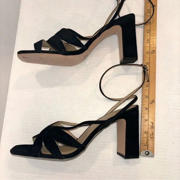Ann Taylor Rue Black Suede Leather Petal strap block heel sandals size 11‎ NEW