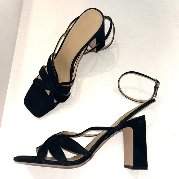 Ann Taylor Rue Black Suede Leather Petal strap block heel sandals size 11‎ NEW