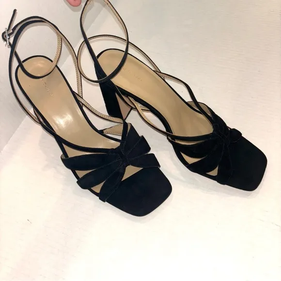 Ann Taylor Rue Black Suede Leather Petal strap block heel sandals size 11‎ NEW