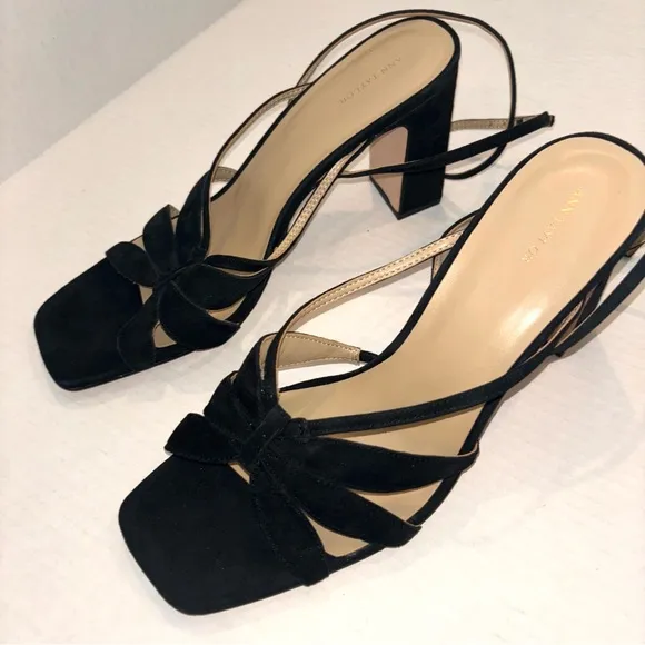 Ann Taylor Rue Black Suede Leather Petal strap block heel sandals size 11‎ NEW