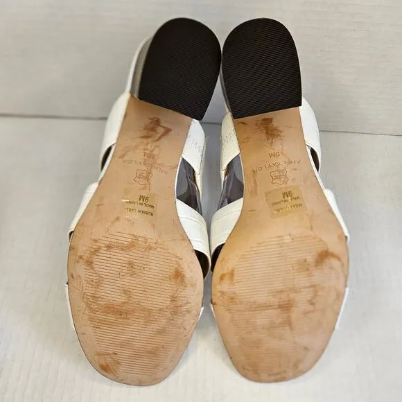Ann Taylor White Leather Croc Embossed‎ Sandals With Stacked Block Heel Size 9M