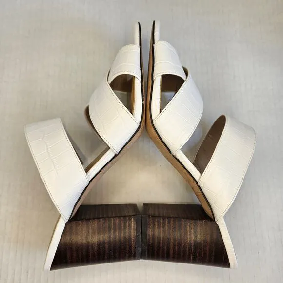 Ann Taylor White Leather Croc Embossed‎ Sandals With Stacked Block Heel Size 9M