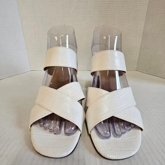 Ann Taylor White Leather Croc Embossed‎ Sandals With Stacked Block Heel Size 9M