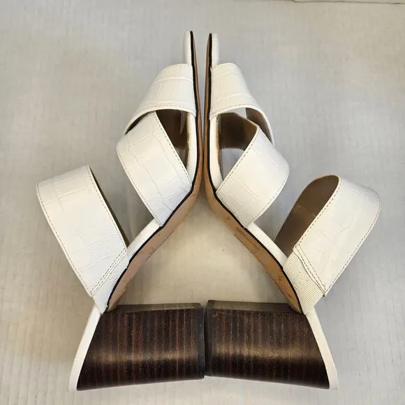 Ann Taylor White Leather Croc Embossed‎ Sandals With Stacked Block Heel Size 9M