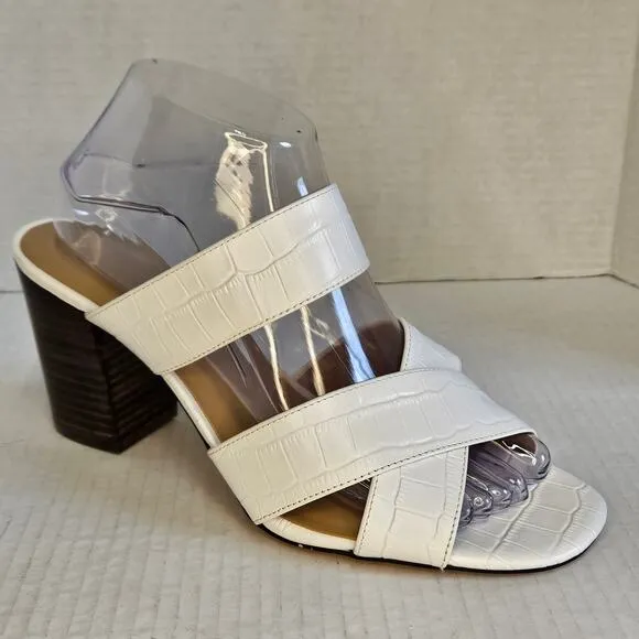 Ann Taylor White Leather Croc Embossed‎ Sandals With Stacked Block Heel Size 9M