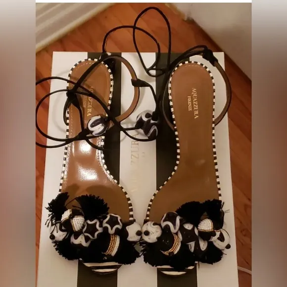 Aquazzura Sandals In White And Black Suede And Snake Skin With Ankle Straps