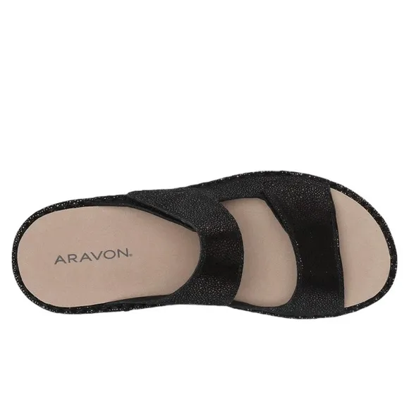 Aravon Black Metallic Suede Cambridge 2 Strap Sandal