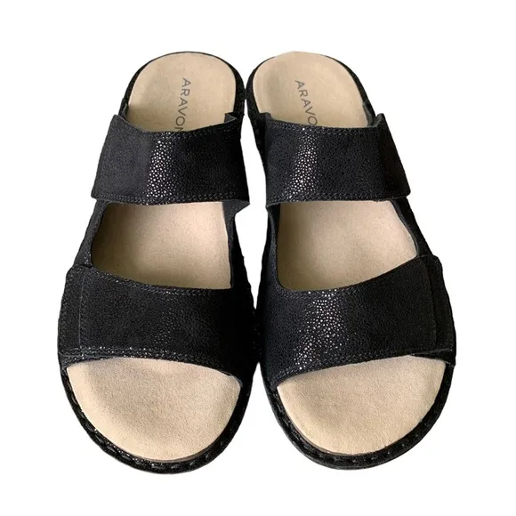 Aravon Black Metallic Suede Cambridge 2 Strap Sandal