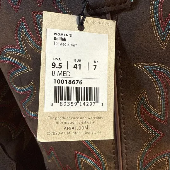 Ariat Ladies Delilah Square Toe Toasted Brown Western Boots 10018676 9.5B NWOB