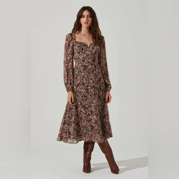ASTR Floral V Front Long Sleeve Midi Dress in Brown Mauve Floral Size Small NWT