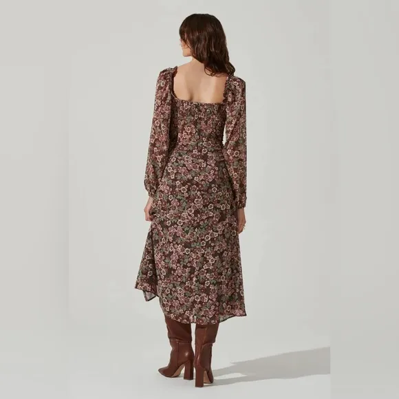ASTR Floral V Front Long Sleeve Midi Dress in Brown Mauve Floral Size Small NWT