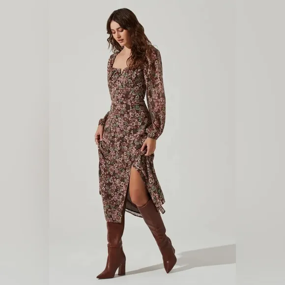 ASTR Floral V Front Long Sleeve Midi Dress in Brown Mauve Floral Size Small NWT