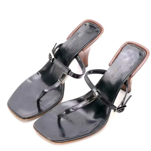 AUTHENTIC GUCCI Black•Leather•SquareToe•Sandal•SIZE 5B  Good Condition
