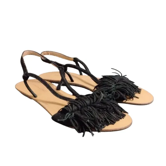 BANANA REPUBLIC Riley Fringe Sandal Black Suede Tassled Sandal Size 7.5