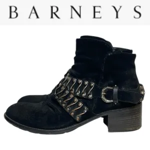 BARNEYS NEW YORK COOP DISTRESSED BLACK SUEDE LEATHER BELTED MOTO ANKLE BOOTS
