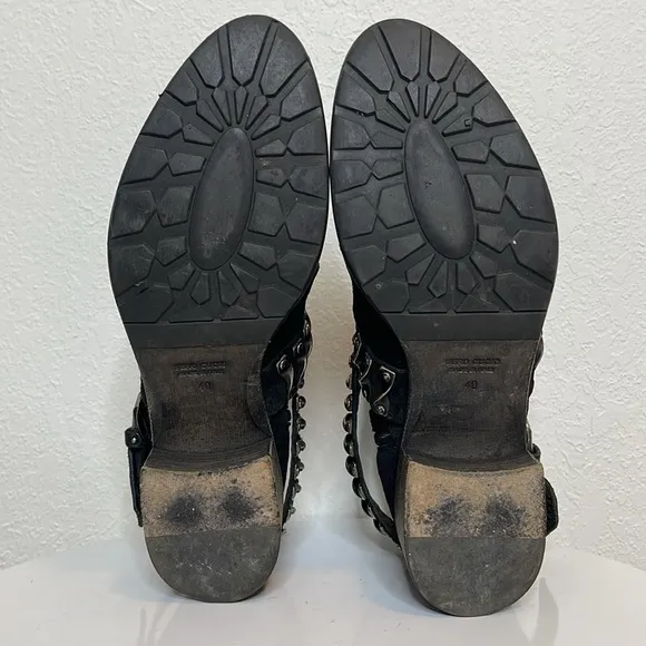BARNEYS NEW YORK COOP DISTRESSED BLACK SUEDE LEATHER BELTED MOTO ANKLE BOOTS