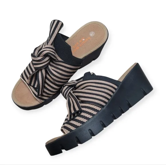 Bernie Mev Venti Freesia Black Tan Stripe Lightweight Wedge Slide Sandals