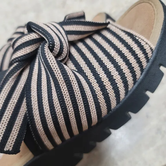 Bernie Mev Venti Freesia Black Tan Stripe Lightweight Wedge Slide Sandals