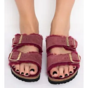 Birkenstock ×Arizona Shearling Suede Sandal - Maroon Sz/5