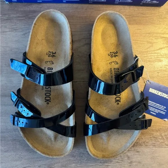 Birkenstock Franca Patent Black Sandals with Black Buckles